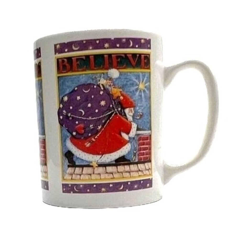 Mary Engelbreit "Believe" Christmas Santa Mug Vintage 1993 Ceramic Coffee Cup